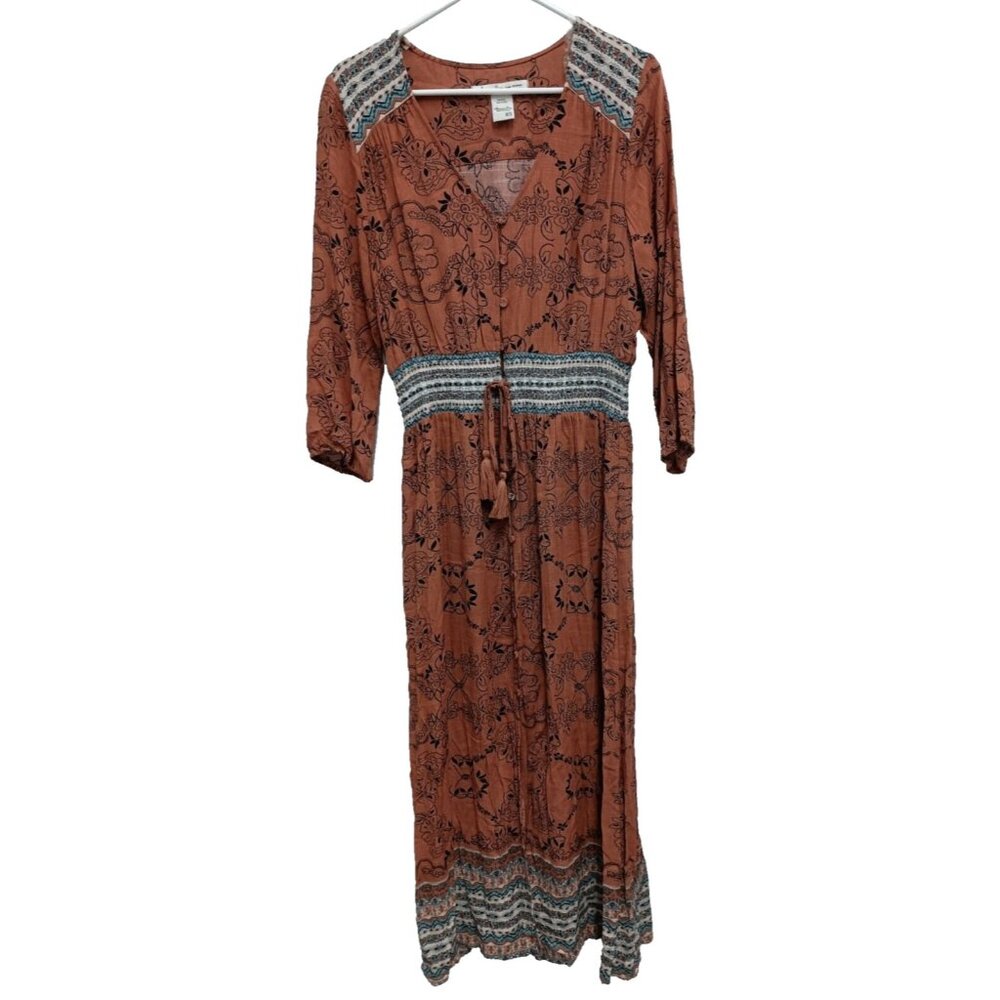 American Rag Cie Maxi Dress XS Brown Floral 3/4 Sleeve‎ BOHO Cottagecore Prairie